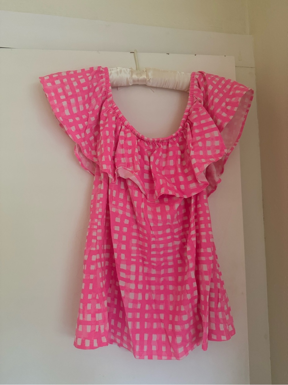 Lilly Pulitzer neon Pink Checkered Ruffle Top off the shoulder